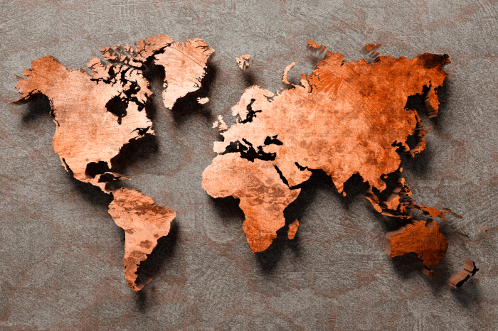 Bild 3D-Karte mit kupferfarbenen Kontinenten
