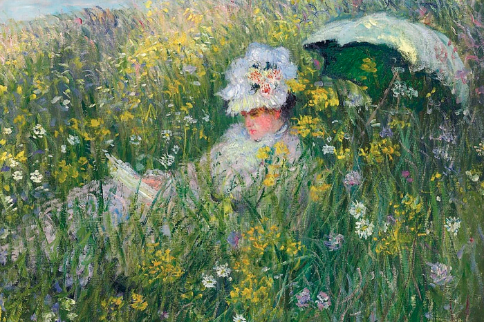 Bild Eine Frau mit einem Buch auf einer blühenden Wiese voller Blumen.