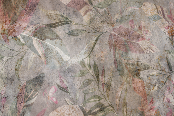 Bild Ein Pflanzenmuster auf einem Hintergrund, der Beton imitiert.