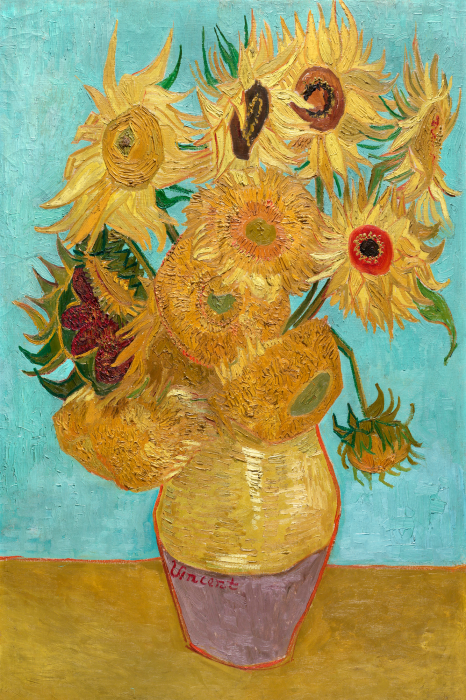 Bild Gemalte Sonnenblumen in einer Vase auf blauem Hintergrund