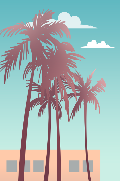 Bild Palmengrafik im Retro-Stil mit einem Gebäude im Hintergrund