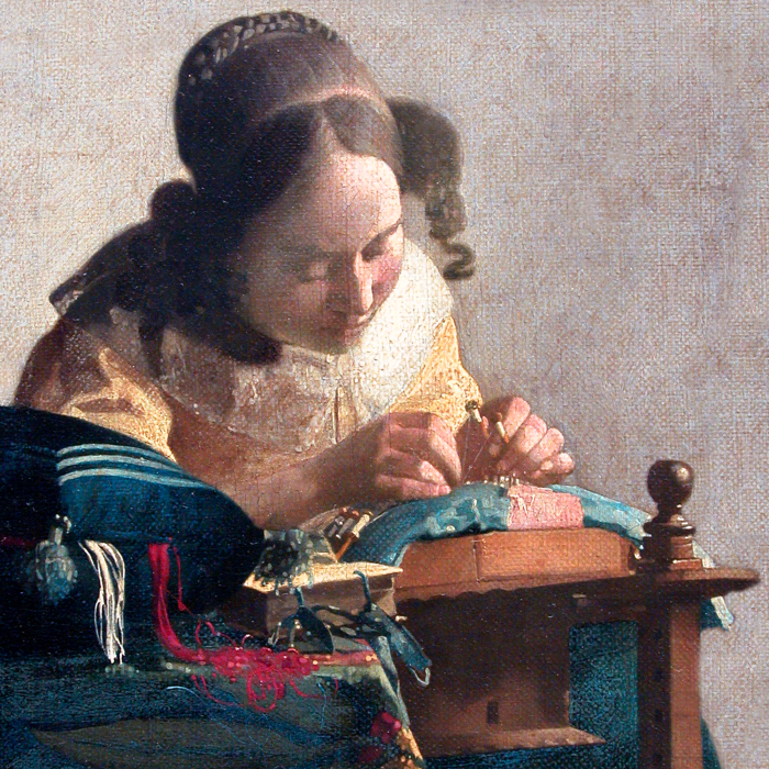 Bild Ein Mädchen im Korsett beim Sticken von Spitze