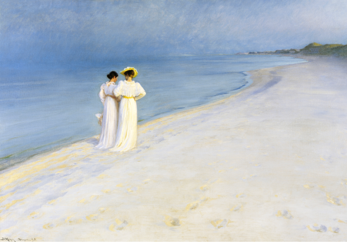 Bild Elegante Gestalten in weißen Kleidern am Meer