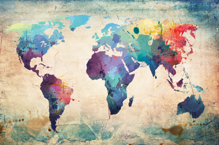 Bild Farbenfrohe, künstlerische Weltkarte im Vintage-Papier-Look
