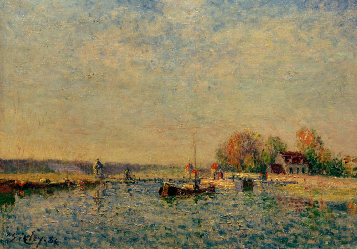 Bild Aquarelllandschaft mit einem Boot auf einem See und einem Haus im Hintergrund