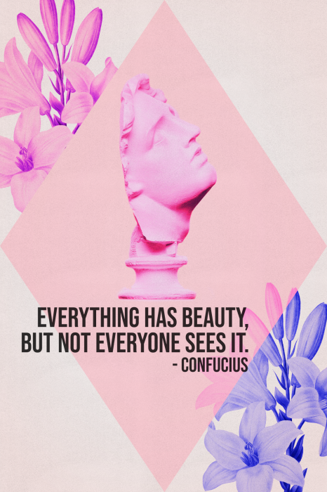 Bild Beauty in the Eyes - Inspirational Quote with Pink Bust and Flowers
