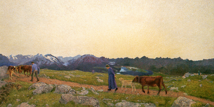 Bild Menschen führen eine Kuhherde durch eine malerische Lichtung in den Bergen