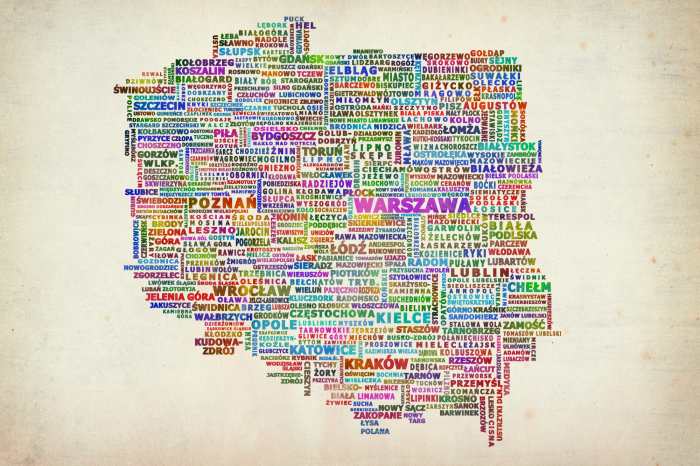 Bild Eine farbenfrohe Karte von Polen, bestehend aus Ortsnamen.