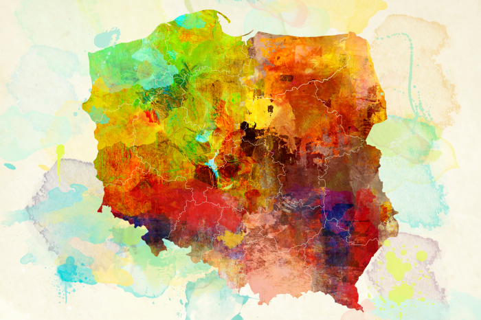 Bild Eine künstlerische Karte von Polen mit eingezeichneten Grenzen der Woiwodschaften.