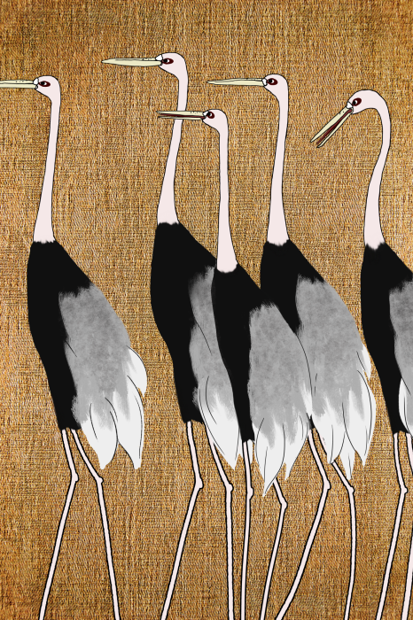 Bild Fünf japanische Kraniche auf leinenartigem Hintergrund