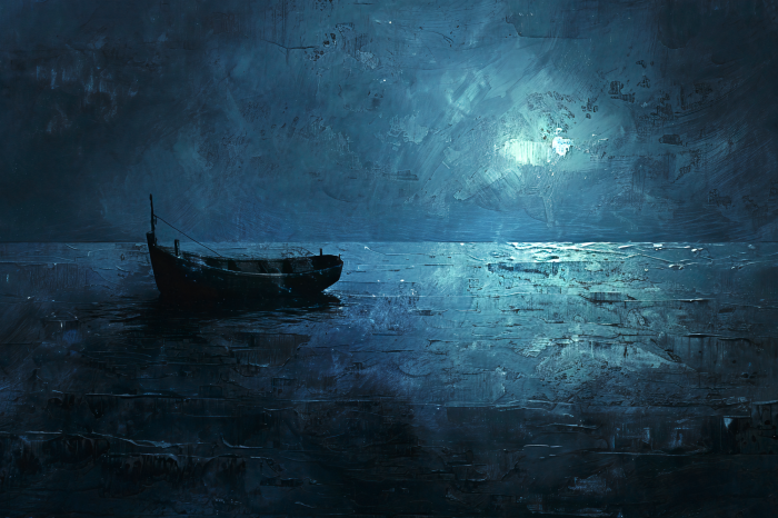 Bild Gemälde eines Bootes auf einem See in dunklen Farbtönen