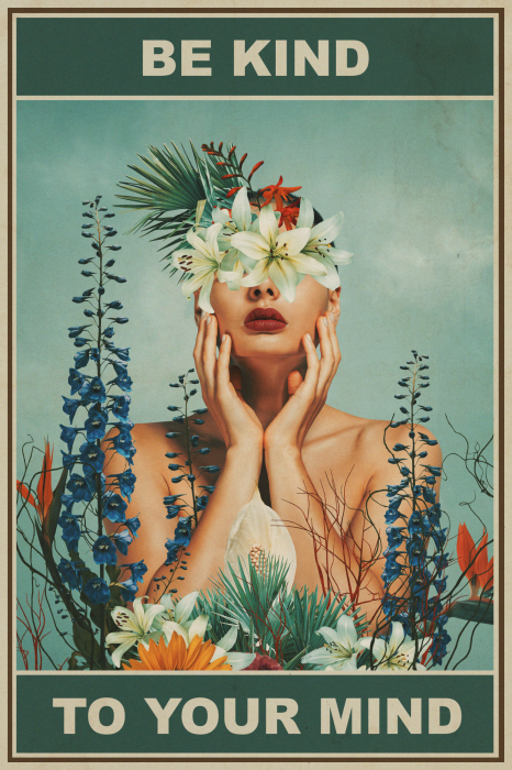 Bild Eine Frau, umgeben von Blumen und den Worten „Sei freundlich zu deinem Geist“.