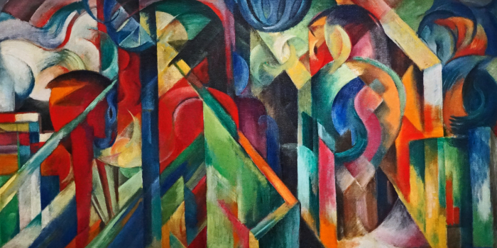 Bild Reproduktion des abstrakten Gemäldes „Der Stall“ von Franz Marc