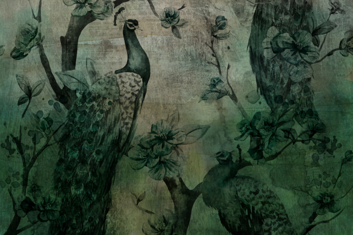 Bild Dunkelgrünes Motiv mit Pfau und Blumen auf strukturiertem Hintergrund