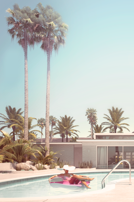 Bild Frau im Pool neben einem modernen Haus im kalifornischen Stil