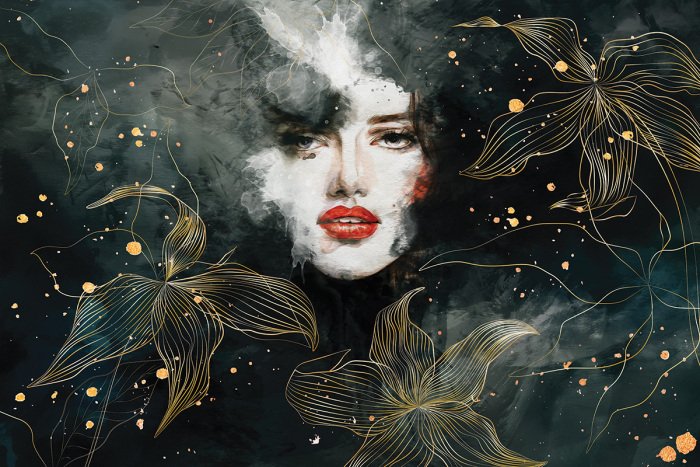 Bild Porträt einer Frau, umgeben von goldenen Blumen