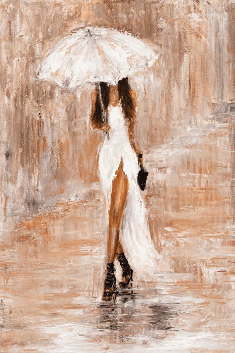 Bild Eine Frau in einem hellen Kleid, die einen Regenschirm hält