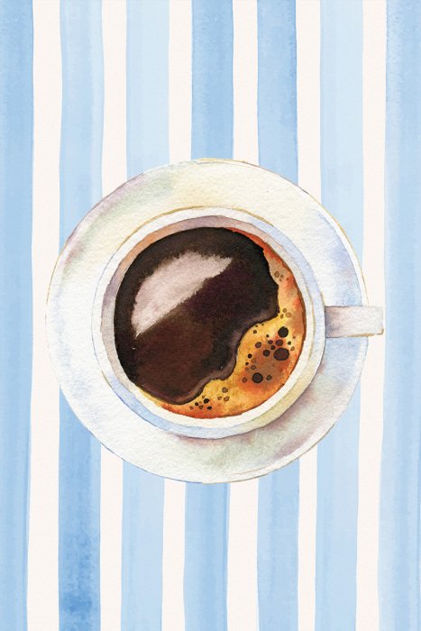 Bild Eine minimalistische Tasse schwarzer Kaffee auf gestreiftem Hintergrund.