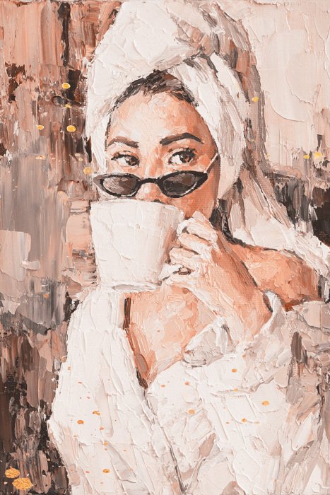 Bild Der Morgen einer Frau nach einem Bad mit Kaffee