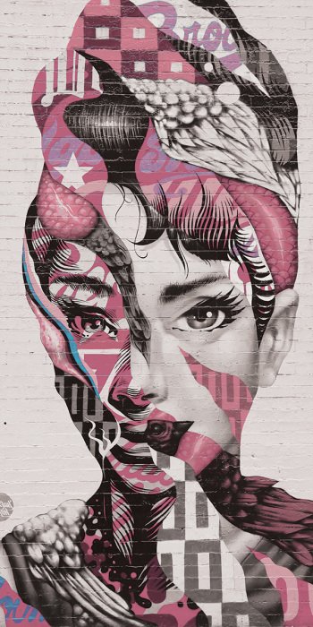 Bild Ein dynamisches, abstraktes Wandgemälde mit dem Porträt einer Frau