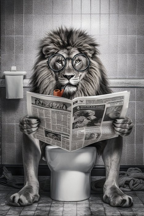Bild Surreales Gemälde eines Löwen auf einer Toilette mit einer Zeitung