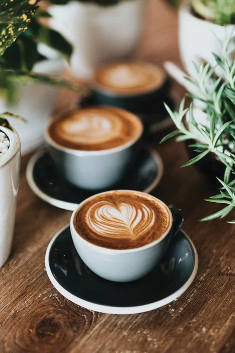 Bild Eine natürliche Atmosphäre mit Tassen Kaffee inmitten von Blumen