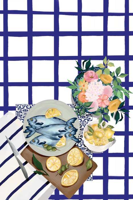 Bild Ein farbenfrohes Fischarrangement mit Zitronenscheiben und Blumen