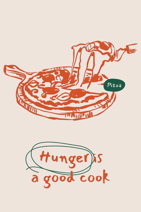 Poster Eine minimalistische Zeichnung einer Pizza mit zähflüssigem Käse