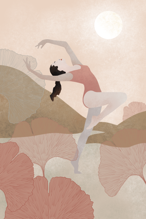 Poster Eine anmutige Tänzerin vor der Kulisse von Bergen und Sonne