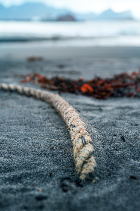 Poster Nahaufnahme eines am Strand angespülten Seils