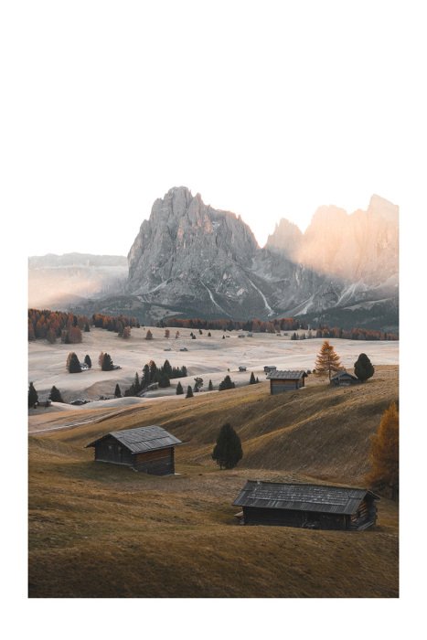 Poster Eine Bergsiedlung mit natürlicher Vegetation und Landschaft