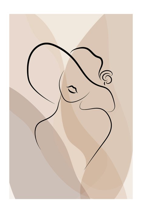 Poster Eine dezente, lineare Skizze der Silhouette einer Frau mit Hut.