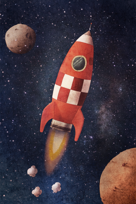 Poster Ein Raumschiff im Weltraum mit Planeten