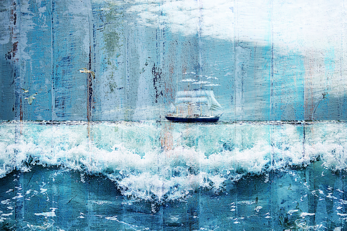 Poster Eine gemalte Szene mit einem Segelschiff auf See