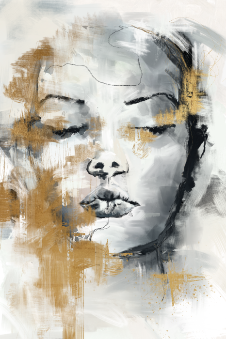 Poster Graue Aquarellzeichnung einer Frau mit Goldverzierungen