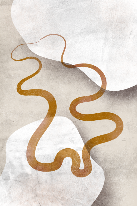 Poster Eine abstrakte goldene Linie, die sich über einen hellen Hintergrund schlängelt.
