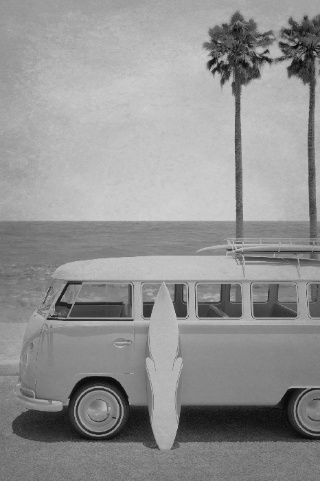 Poster Retro-Bus mit Brettern am Strand