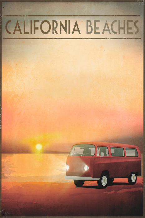 Poster Ein rotes Auto vor dem Hintergrund eines Sonnenuntergangs