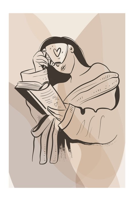 Poster Eine Frau liest mit einer Tasse aromatischem Kaffee in der Hand