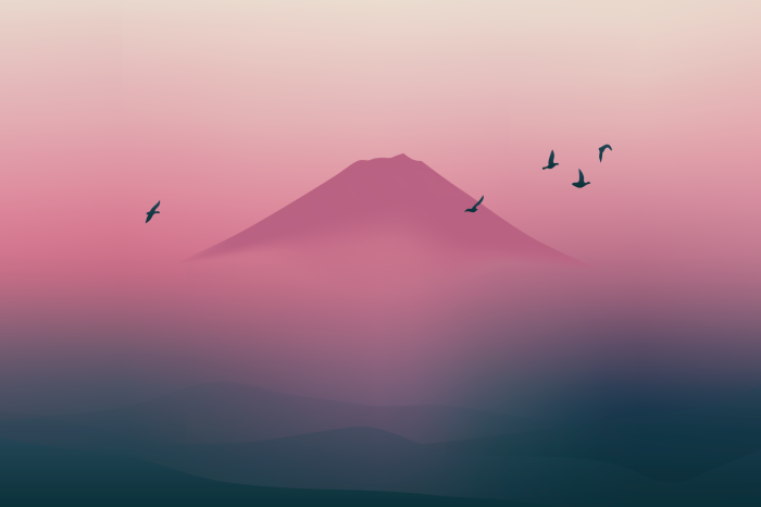 Poster Pastellfarbene Landschaft mit der Silhouette eines Gipfels