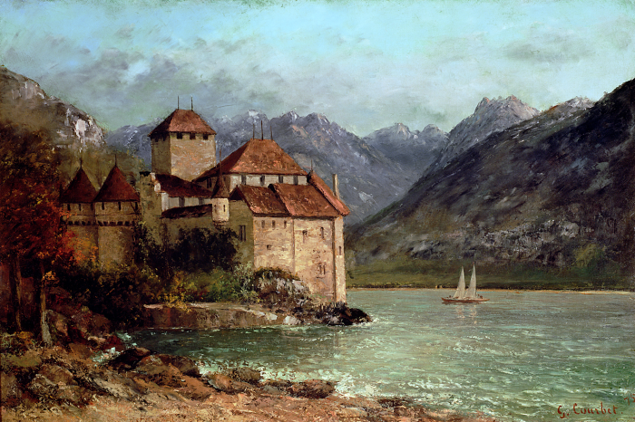 Poster Eine Burg am Ufer eines Sees mit Bergen im Hintergrund