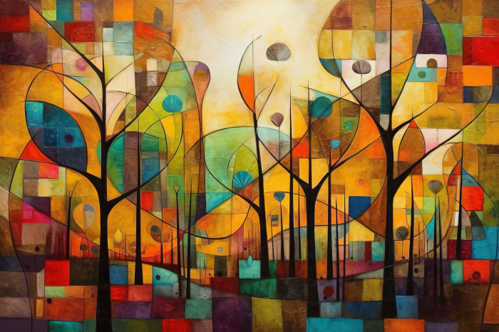 Poster Geometrische Bäume in warmen Farbtönen