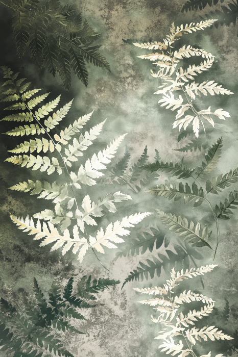 Poster Zarte Farnblätter vor nebligem Hintergrund