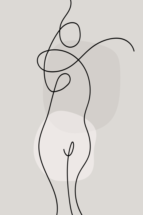 Poster Eine zarte Zeichnung einer Frau vor einem gepunkteten Hintergrund.