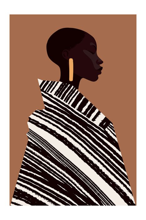 Poster Eine modisch gekleidete Frau in einem gestreiften Mantel vor warmem Hintergrund