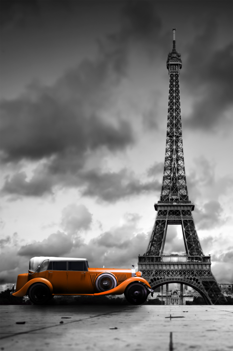 Poster Paris im Regen mit einem Oldtimer