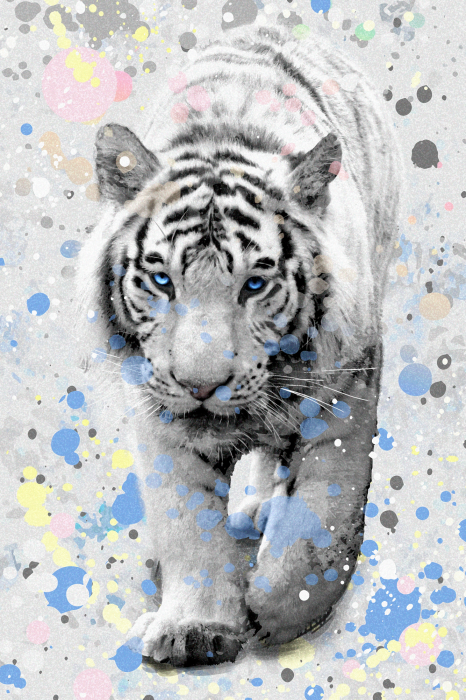 Poster Ein weißer Tiger vor einem Hintergrund aus bunten Flecken