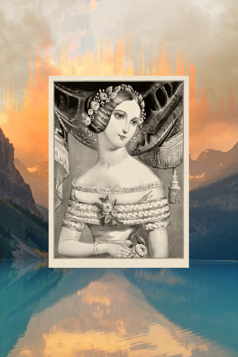 Poster Porträt einer Frau vor der Kulisse von Bergen bei Sonnenuntergang