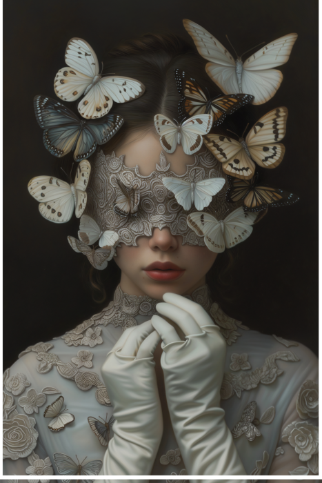 Poster Porträt einer Frau inmitten weißer und beiger Schmetterlinge