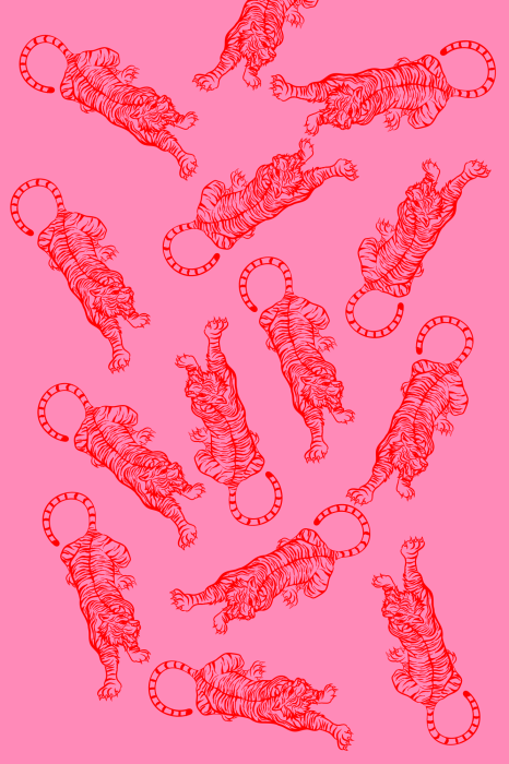 Poster Ein sich wiederholendes Muster mit roten Tigern auf rosa Hintergrund